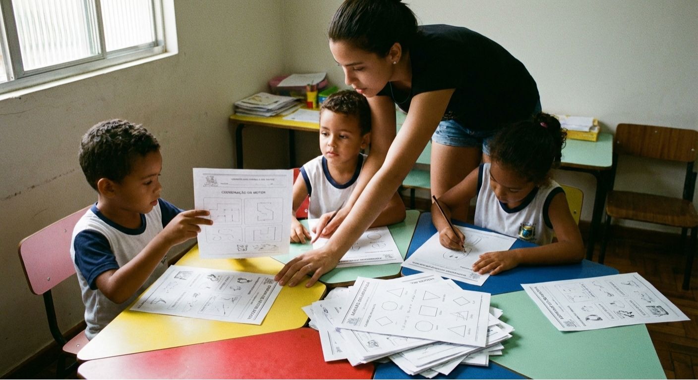 Professora aplicando atividade impressa com crianças